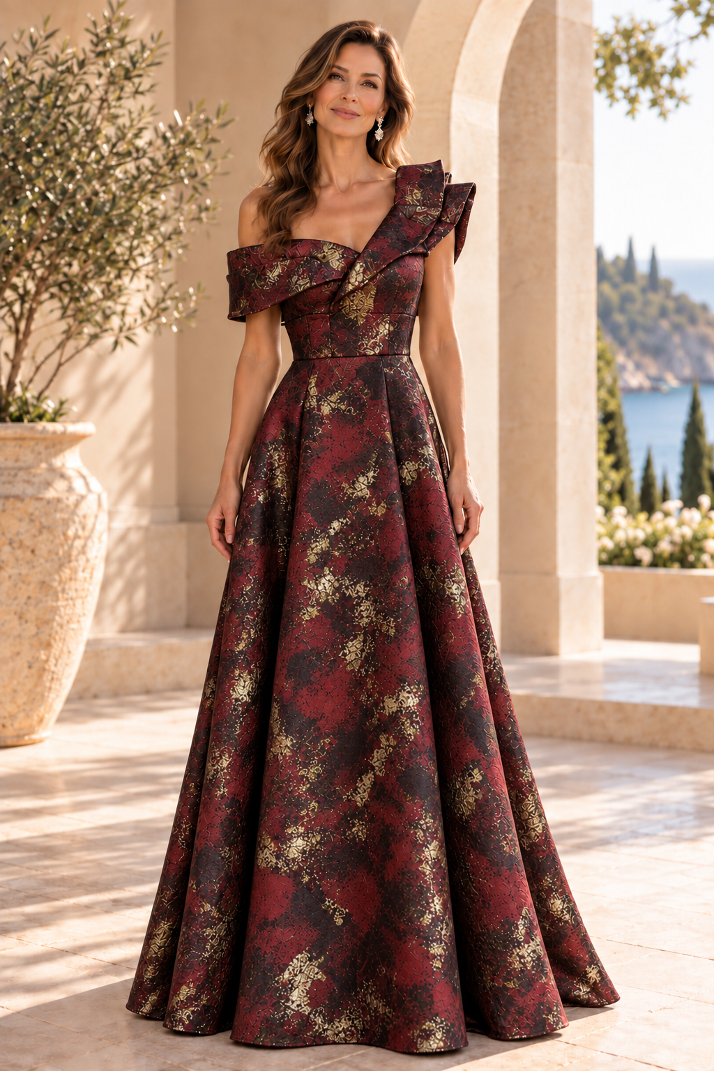 Metallic Jacquard Asymmetric A-Line Evening Gown