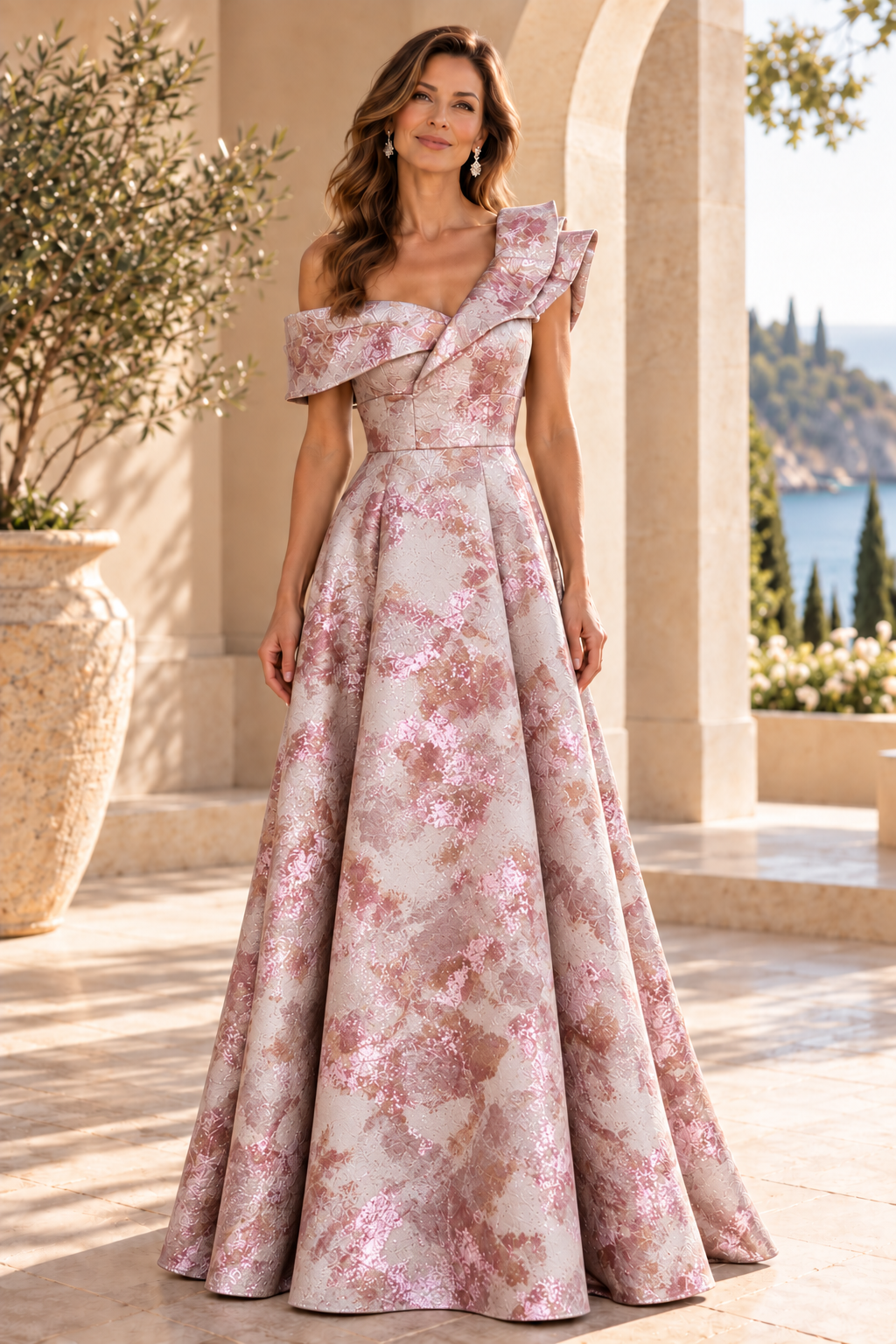 Metallic Jacquard Asymmetric A-Line Evening Gown