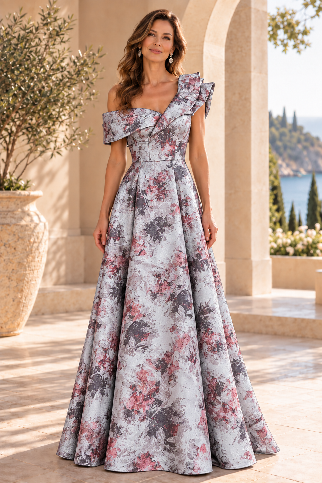 Metallic Jacquard Asymmetric A-Line Evening Gown