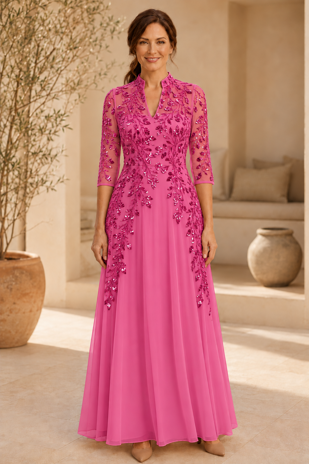 Beaded Illusion A-Line Evening Gown, 3/4 Sleeve