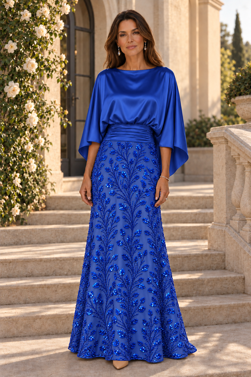 Satin Capelet Bodice Gown with Sequin Skirt
