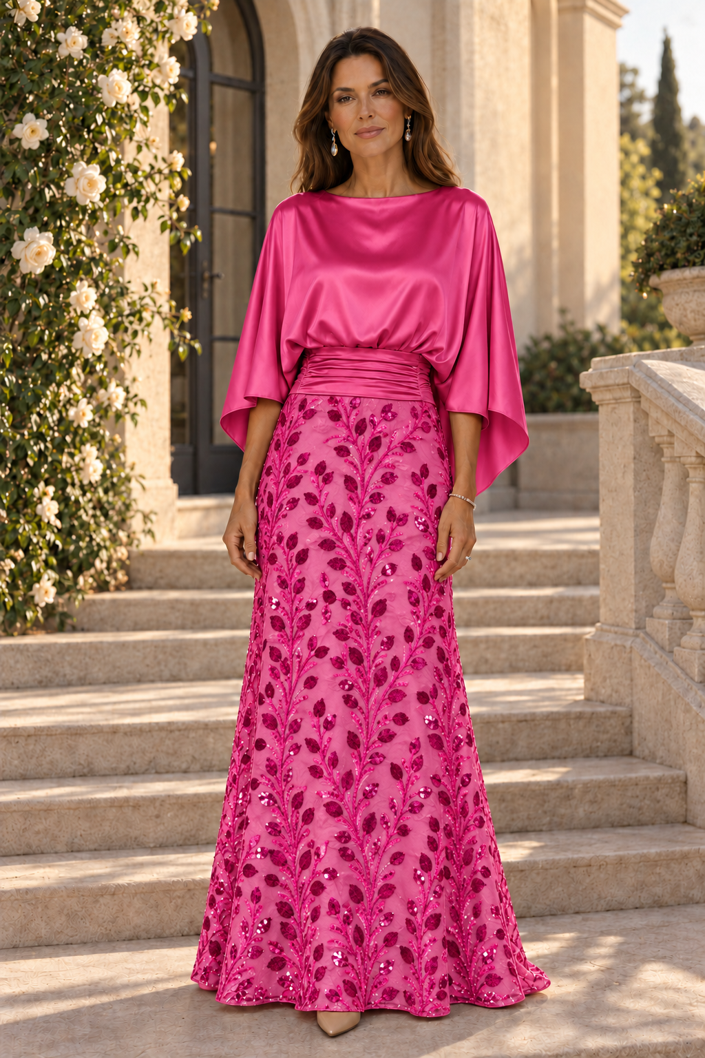 Satin Capelet Bodice Gown with Sequin Skirt
