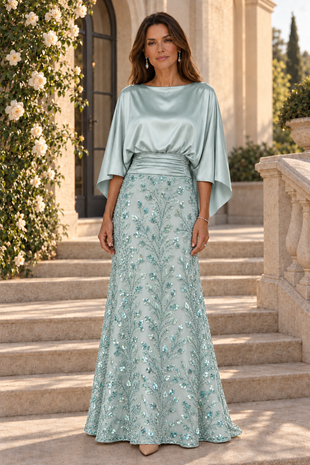 Satin Capelet Bodice Gown with Sequin Skirt