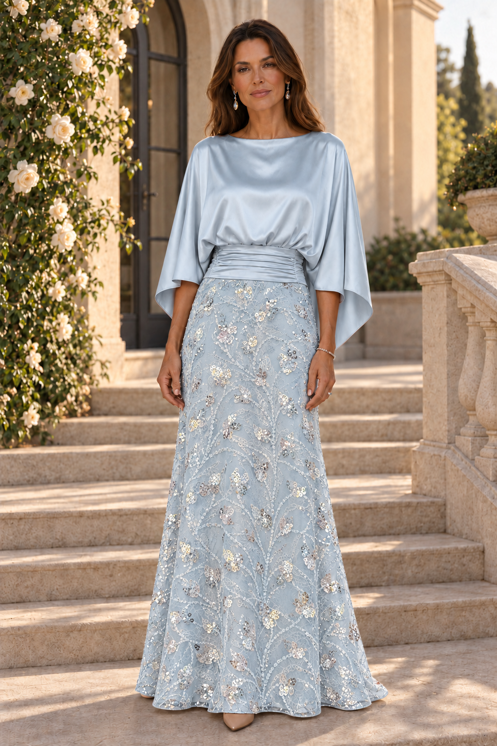 Satin Capelet Bodice Gown with Sequin Skirt