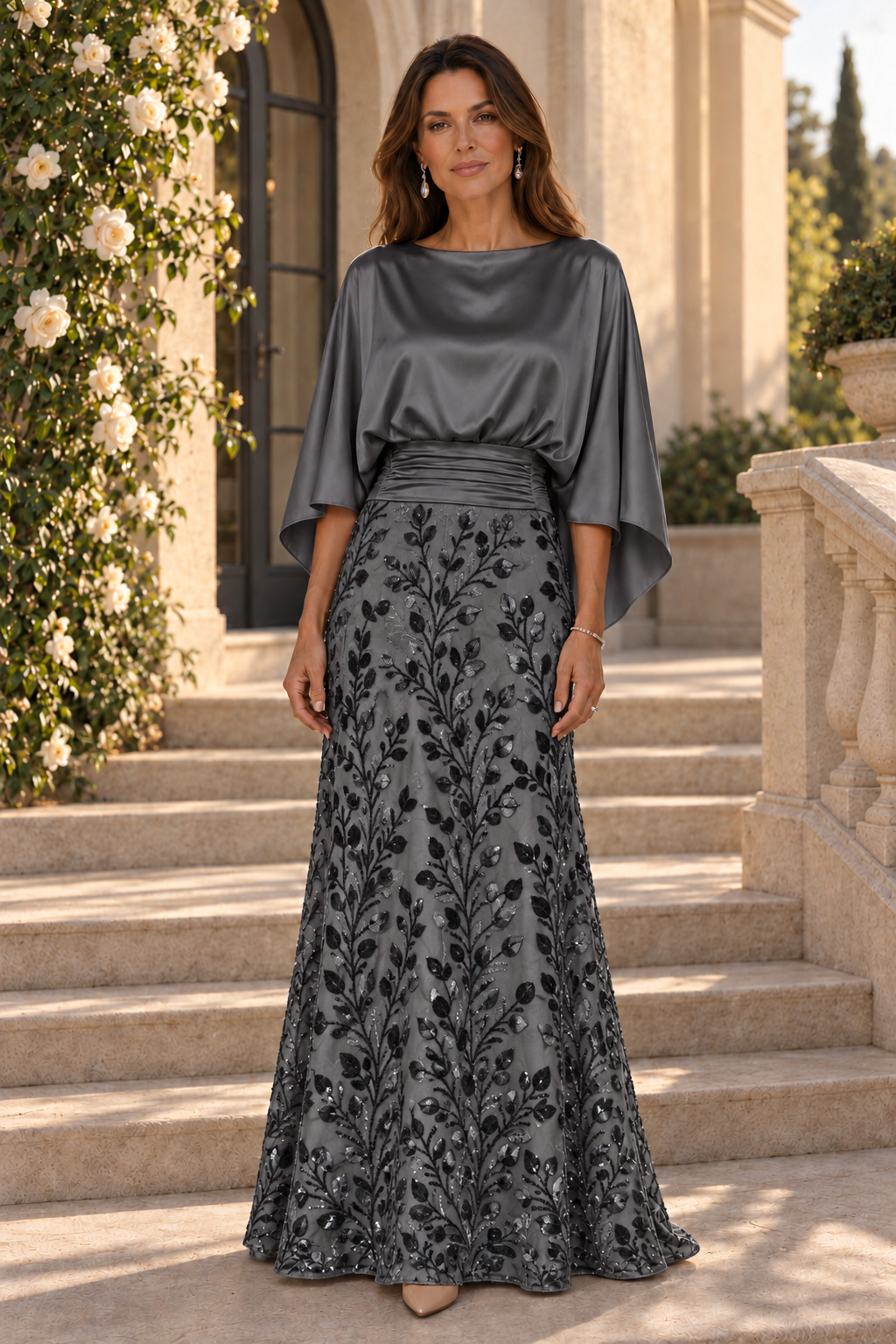Satin Capelet Bodice Gown with Sequin Skirt