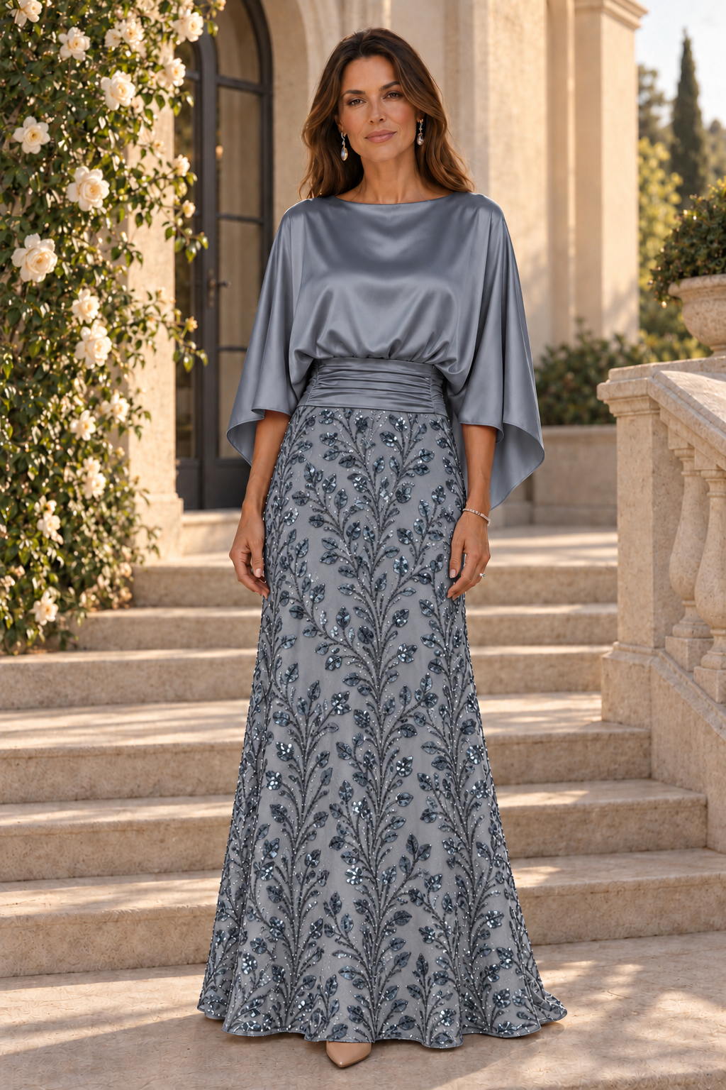Satin Capelet Bodice Gown with Sequin Skirt