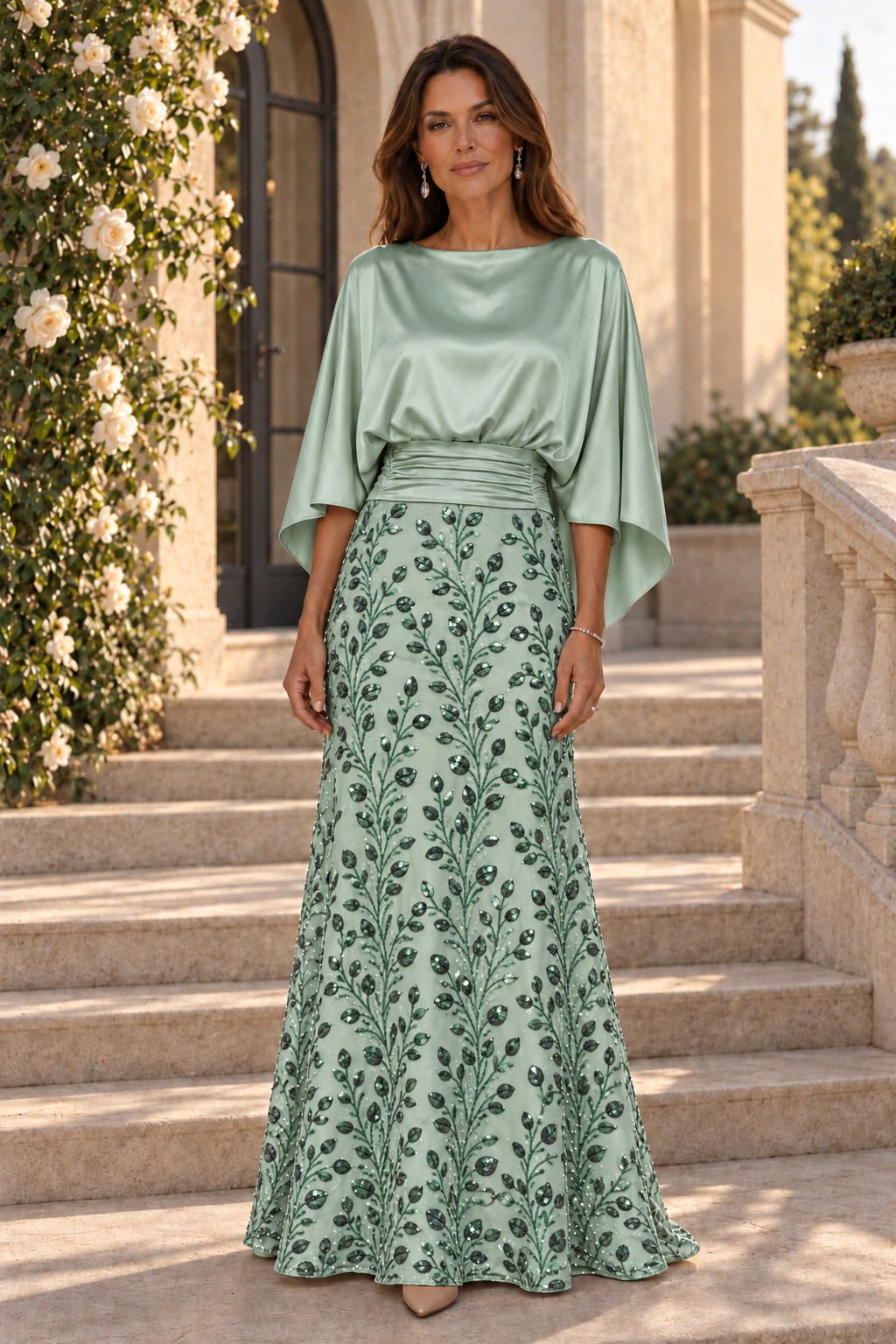 Satin Capelet Bodice Gown with Sequin Skirt