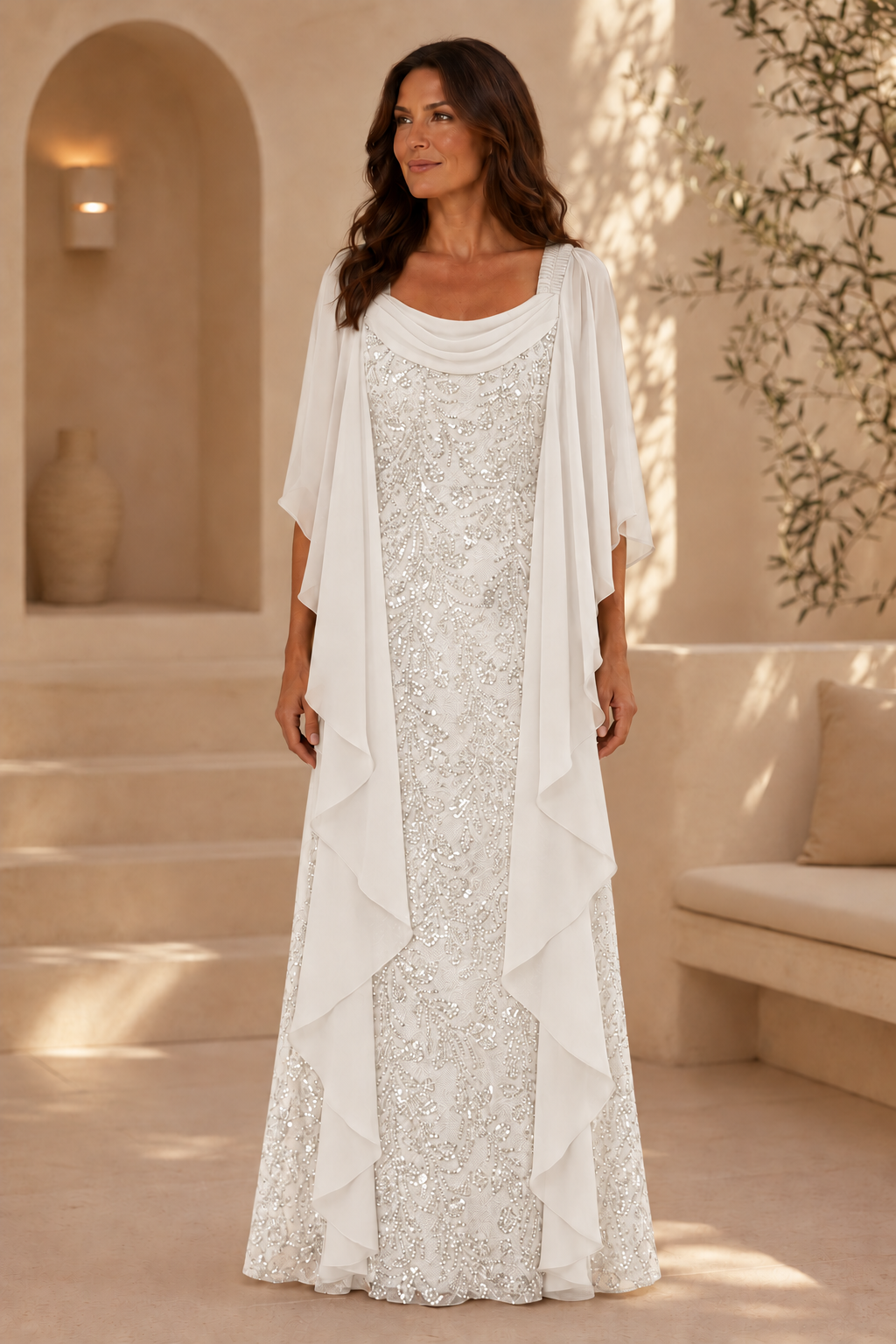 Sequin Lace Gown with Cowl Neck Chiffon Cape Sleeves