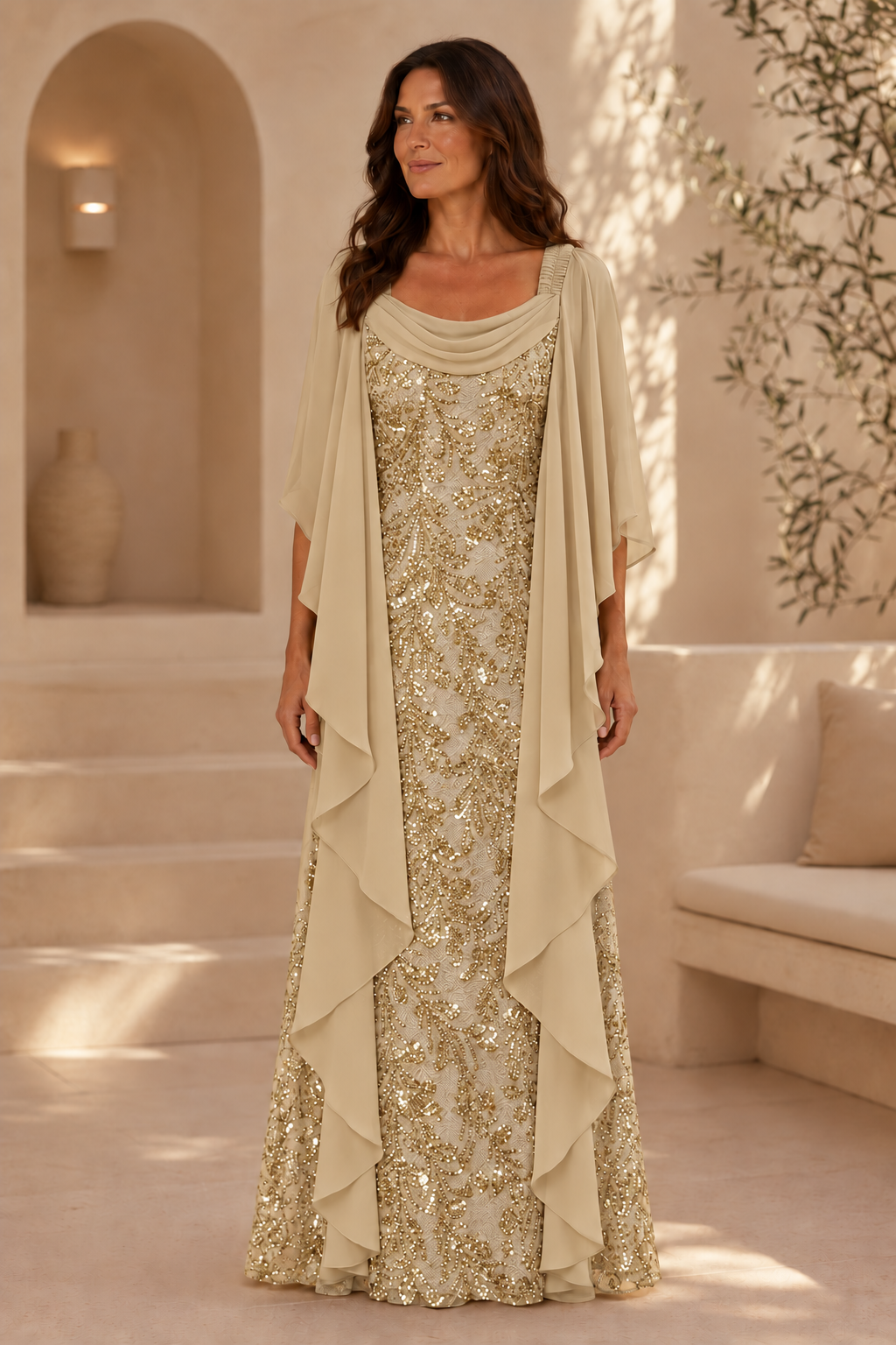 Sequin Lace Gown with Cowl Neck Chiffon Cape Sleeves