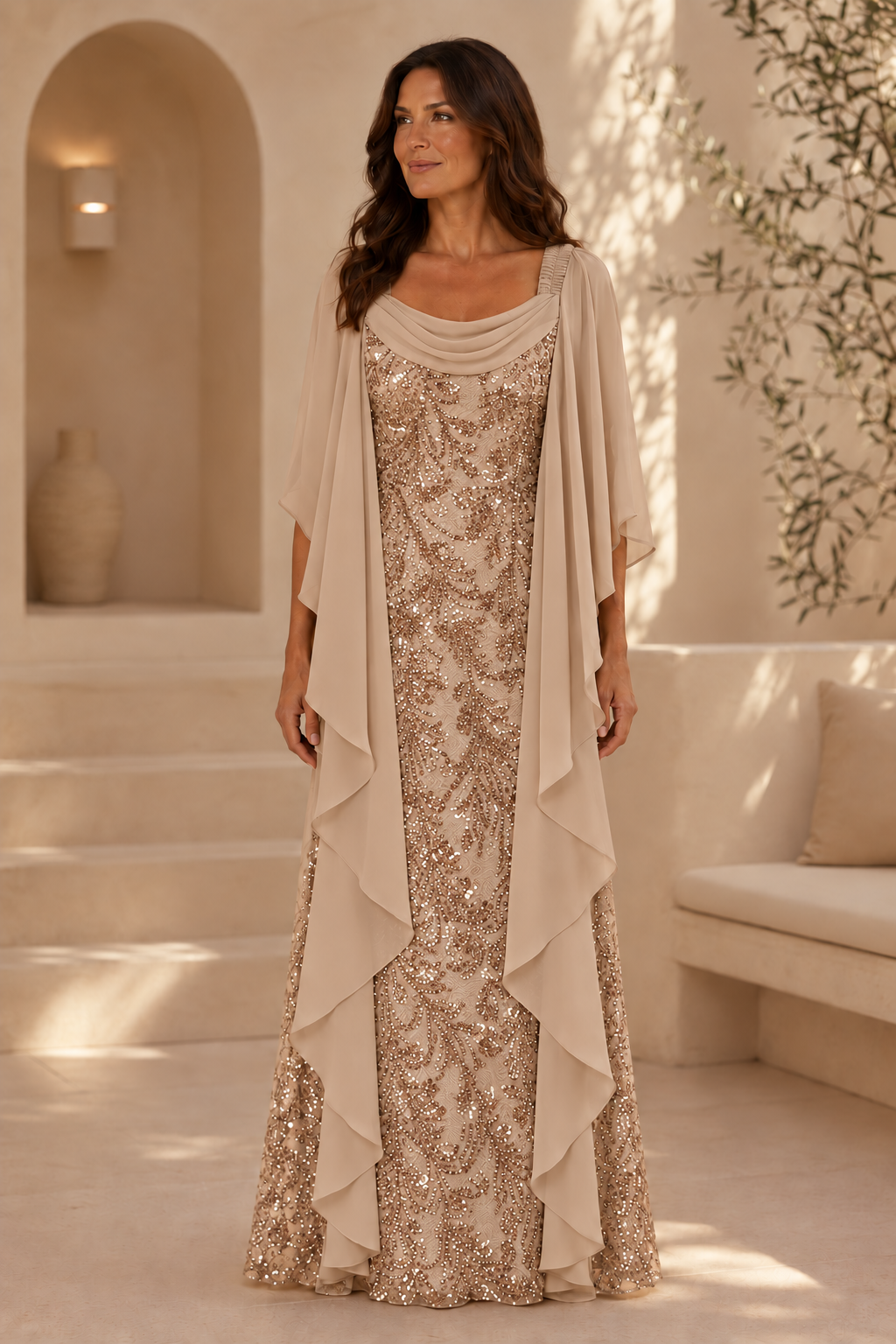 Sequin Lace Gown with Cowl Neck Chiffon Cape Sleeves