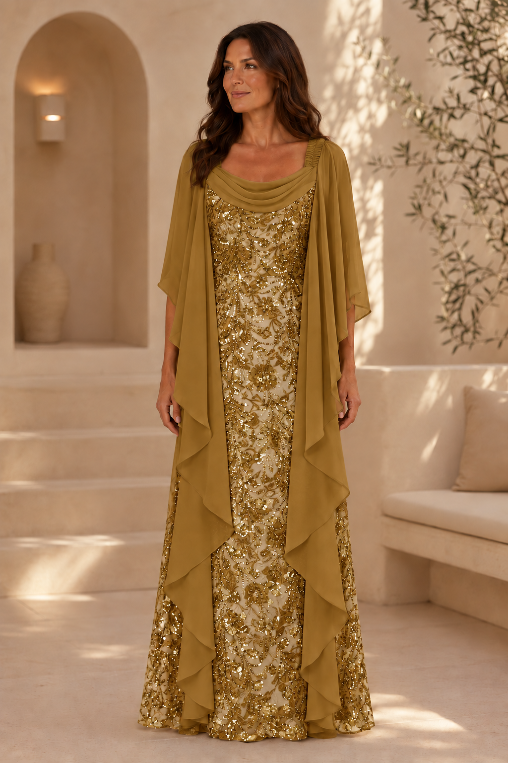 Sequin Lace Gown with Cowl Neck Chiffon Cape Sleeves