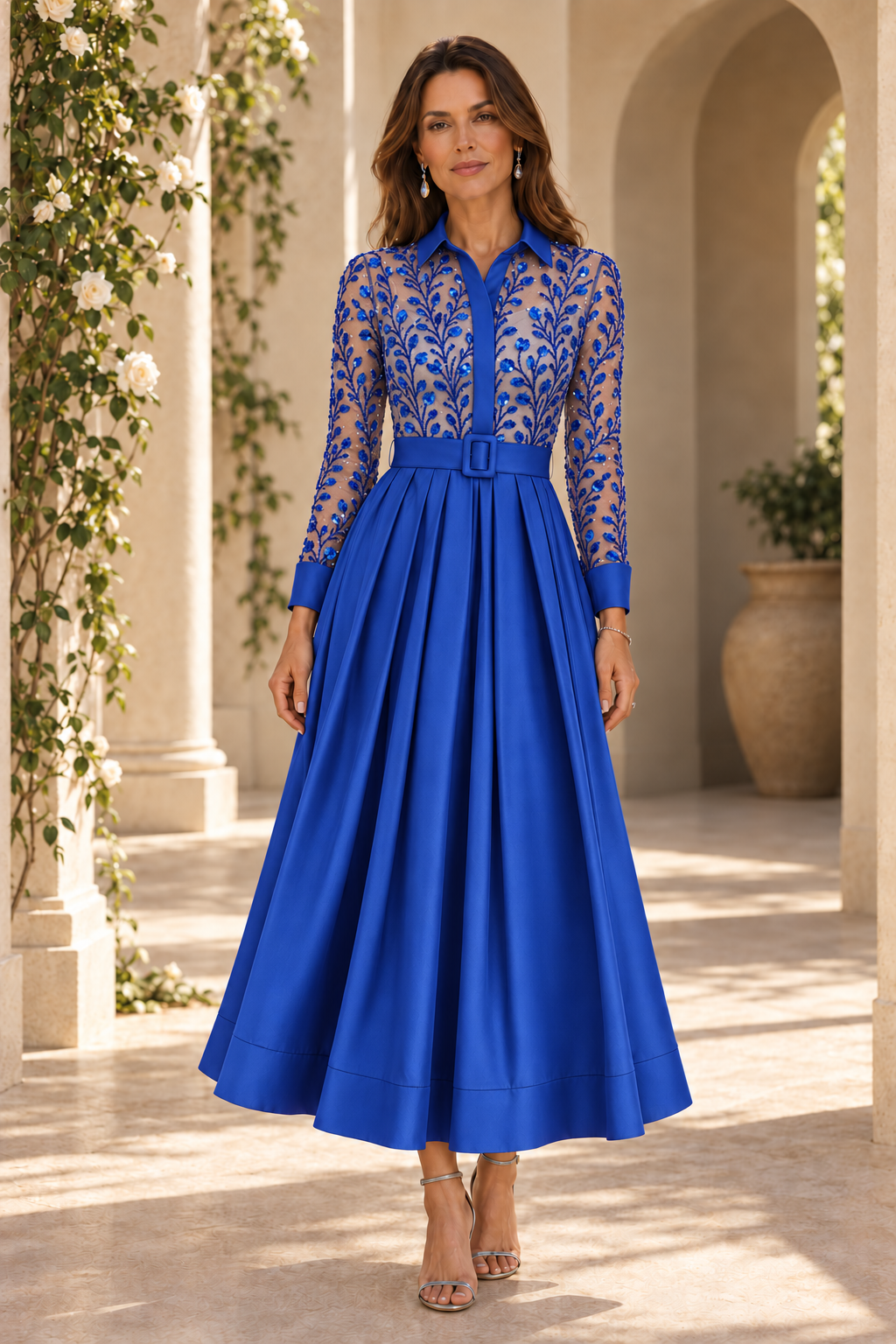 Sequined Shirt Collar Pleated A-Line Midi Dress