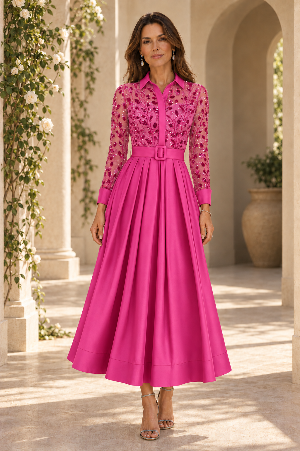 Sequined Shirt Collar Pleated A-Line Midi Dress