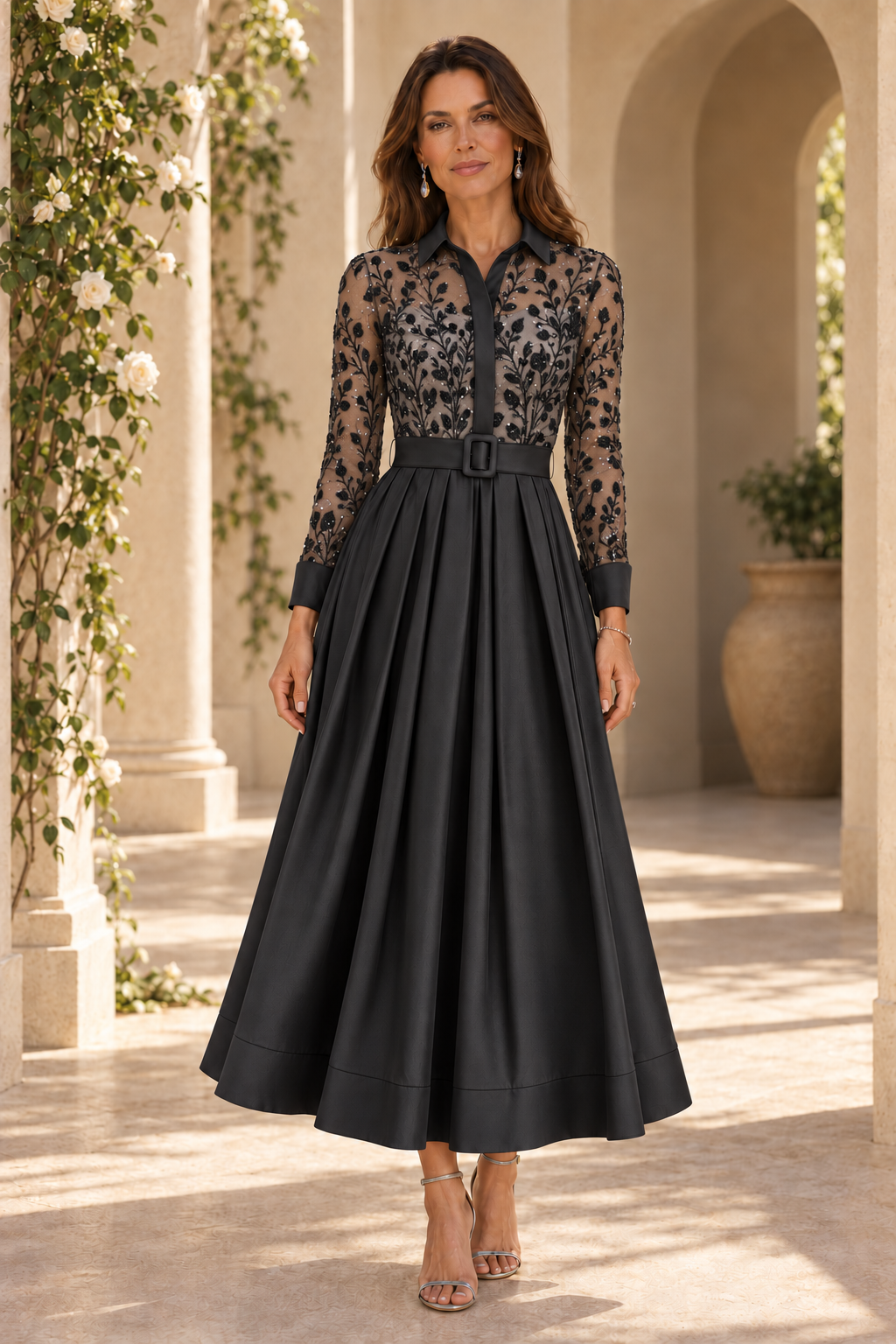 Sequined Shirt Collar Pleated A-Line Midi Dress