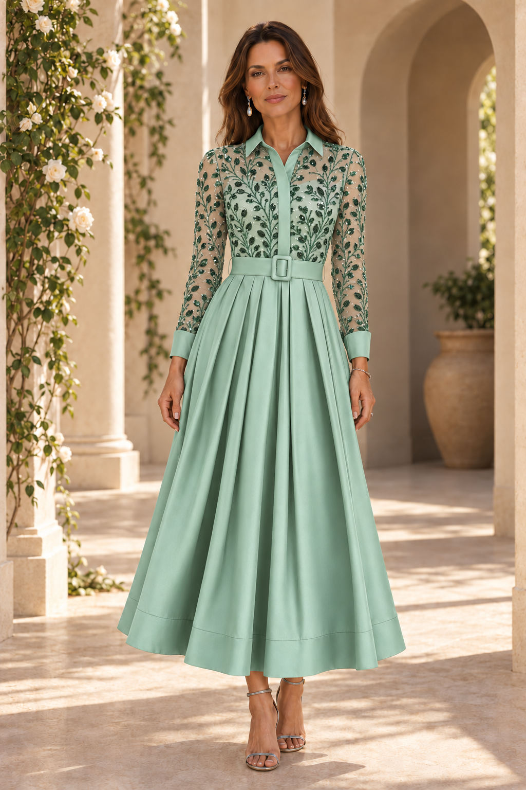 Sequined Shirt Collar Pleated A-Line Midi Dress