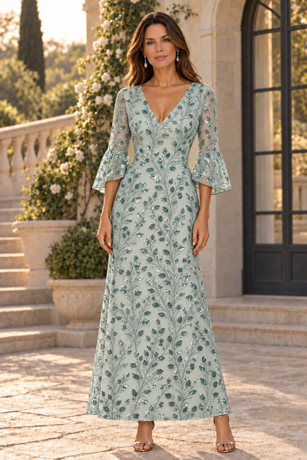 Sequin Bell Sleeve V-Neck A-Line Maxi Dress