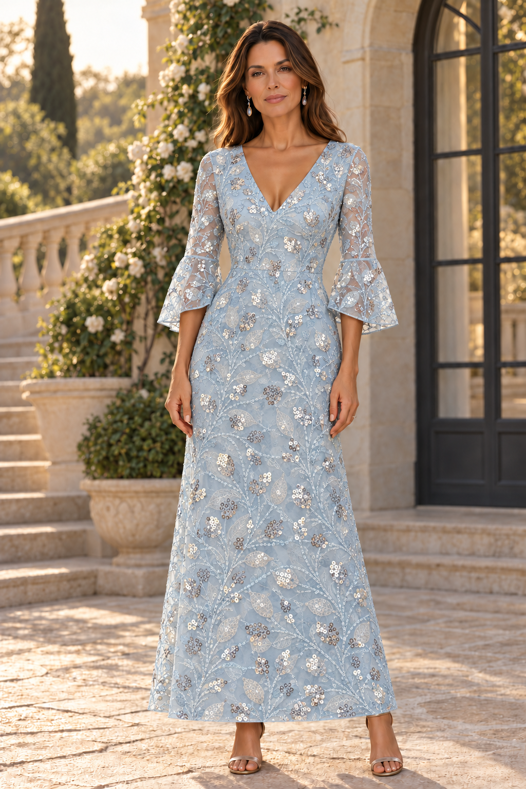 Sequin Bell Sleeve V-Neck A-Line Maxi Dress