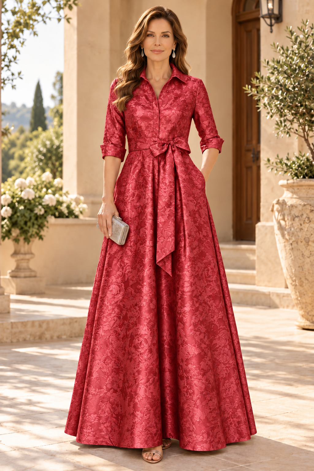 Collared Jacquard A-Line Gown with Sash Belt