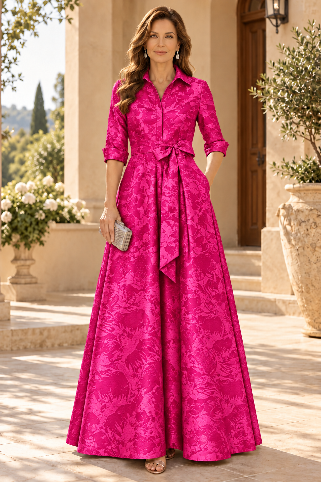 Collared Jacquard A-Line Gown with Sash Belt