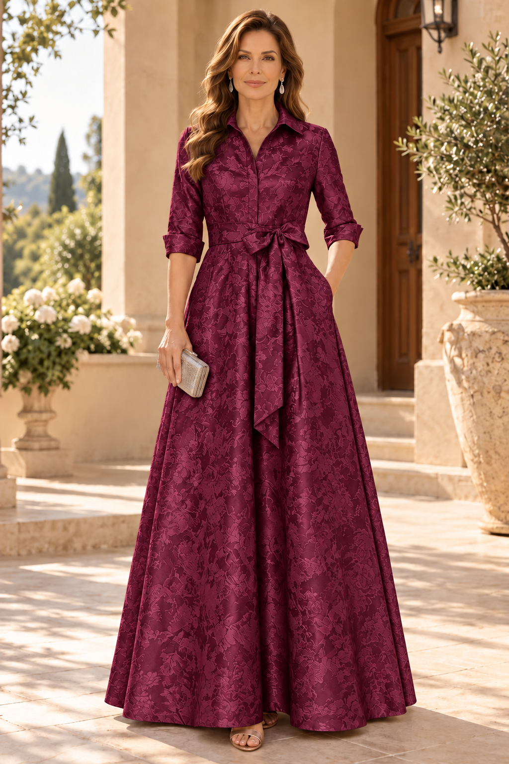 Collared Jacquard A-Line Gown with Sash Belt