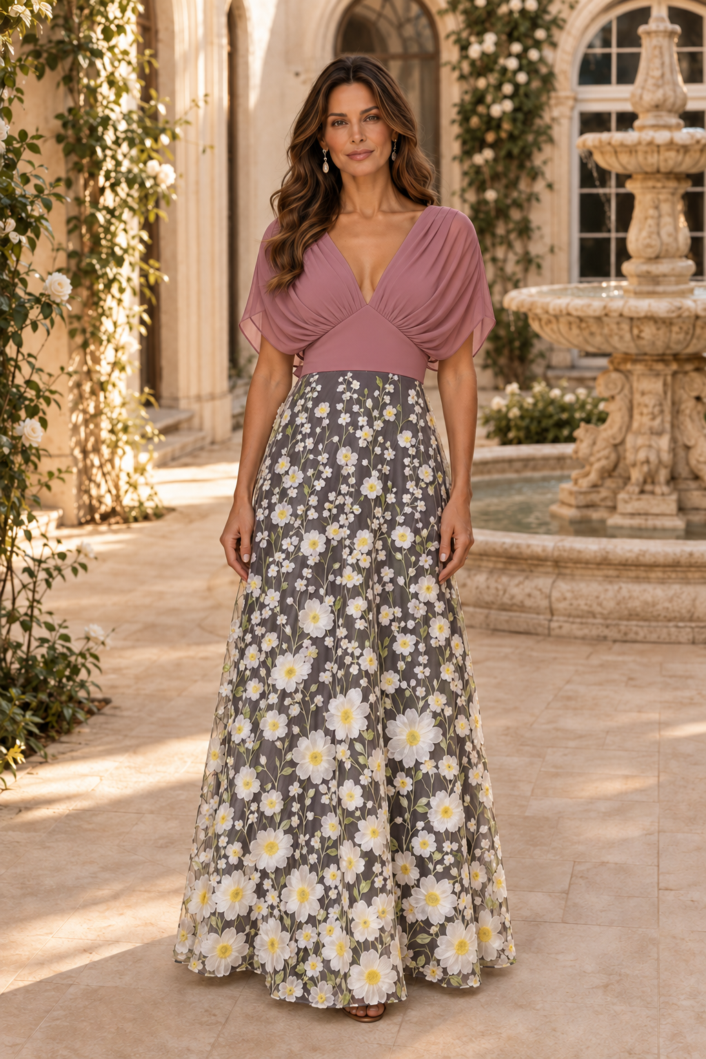 V-Neck Flutter Sleeve Floral A-Line Gown