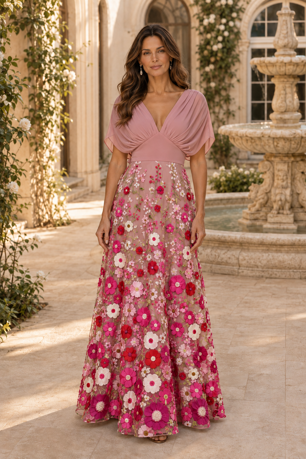 V-Neck Flutter Sleeve Floral A-Line Gown