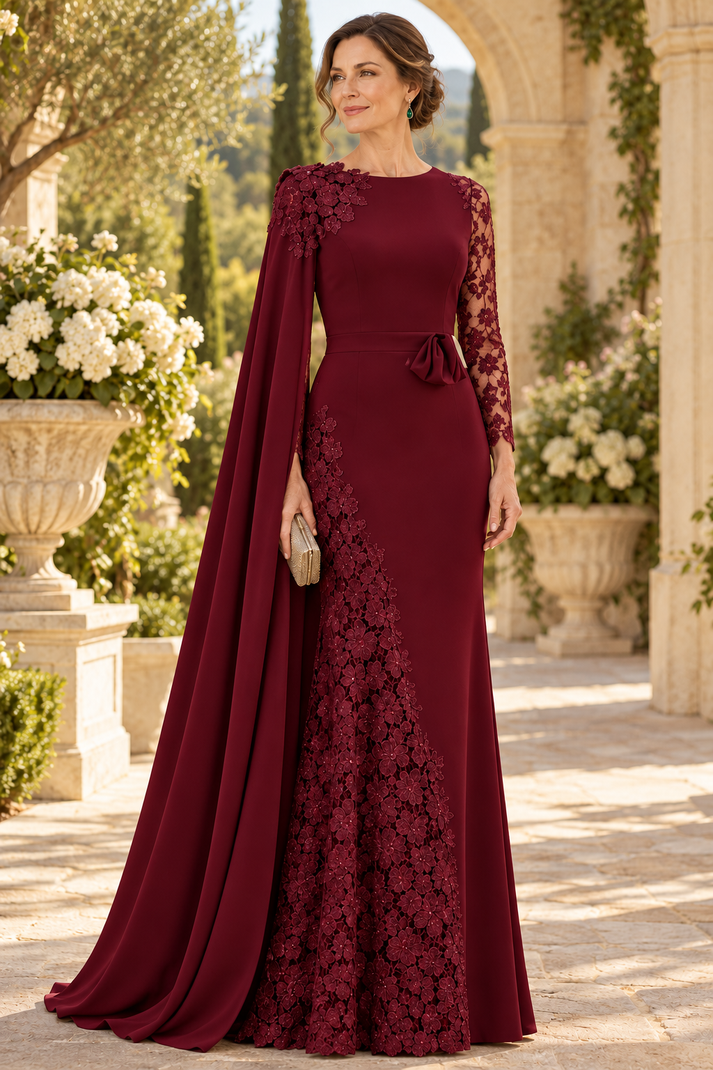 Cape Evening Gown with Lace Applique Inset