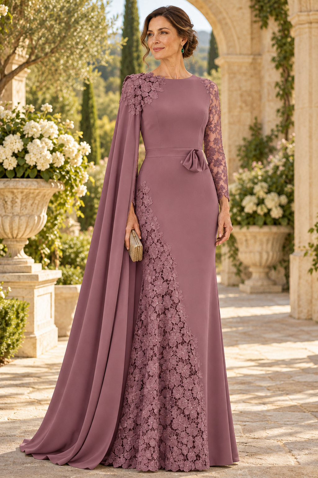 Cape Evening Gown with Lace Applique Inset