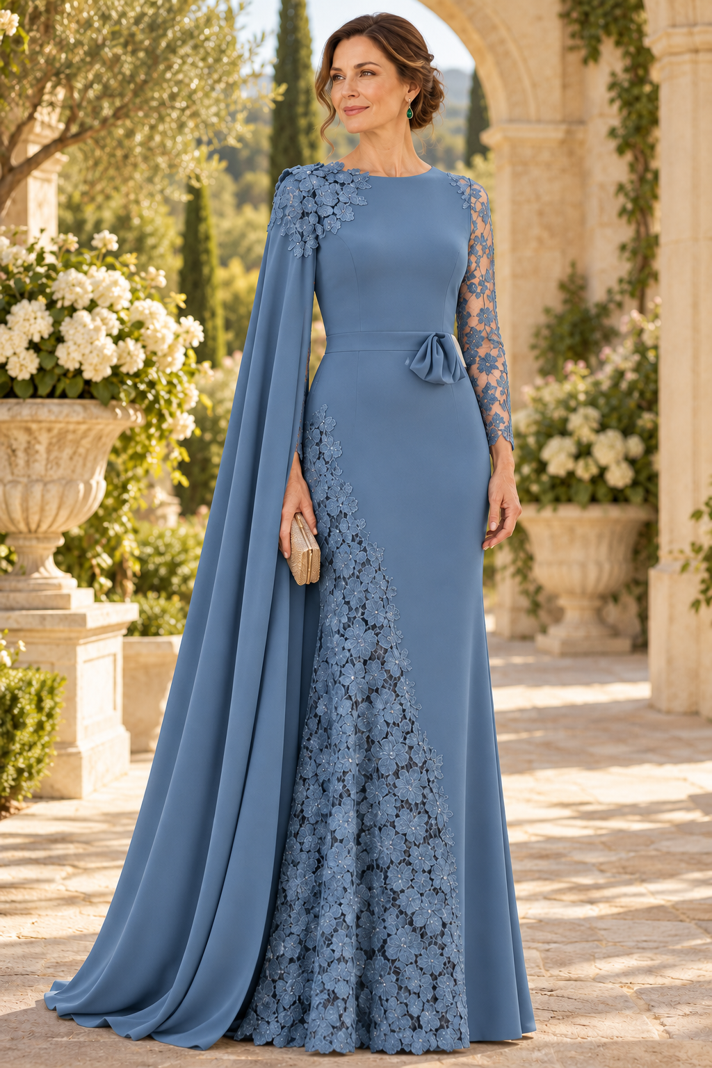 Cape Evening Gown with Lace Applique Inset