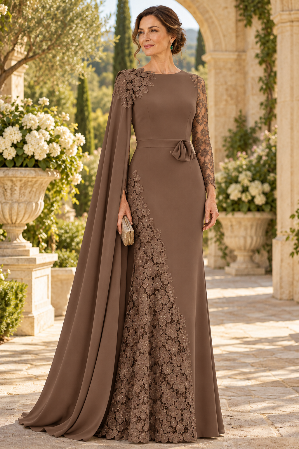 Cape Evening Gown with Lace Applique Inset
