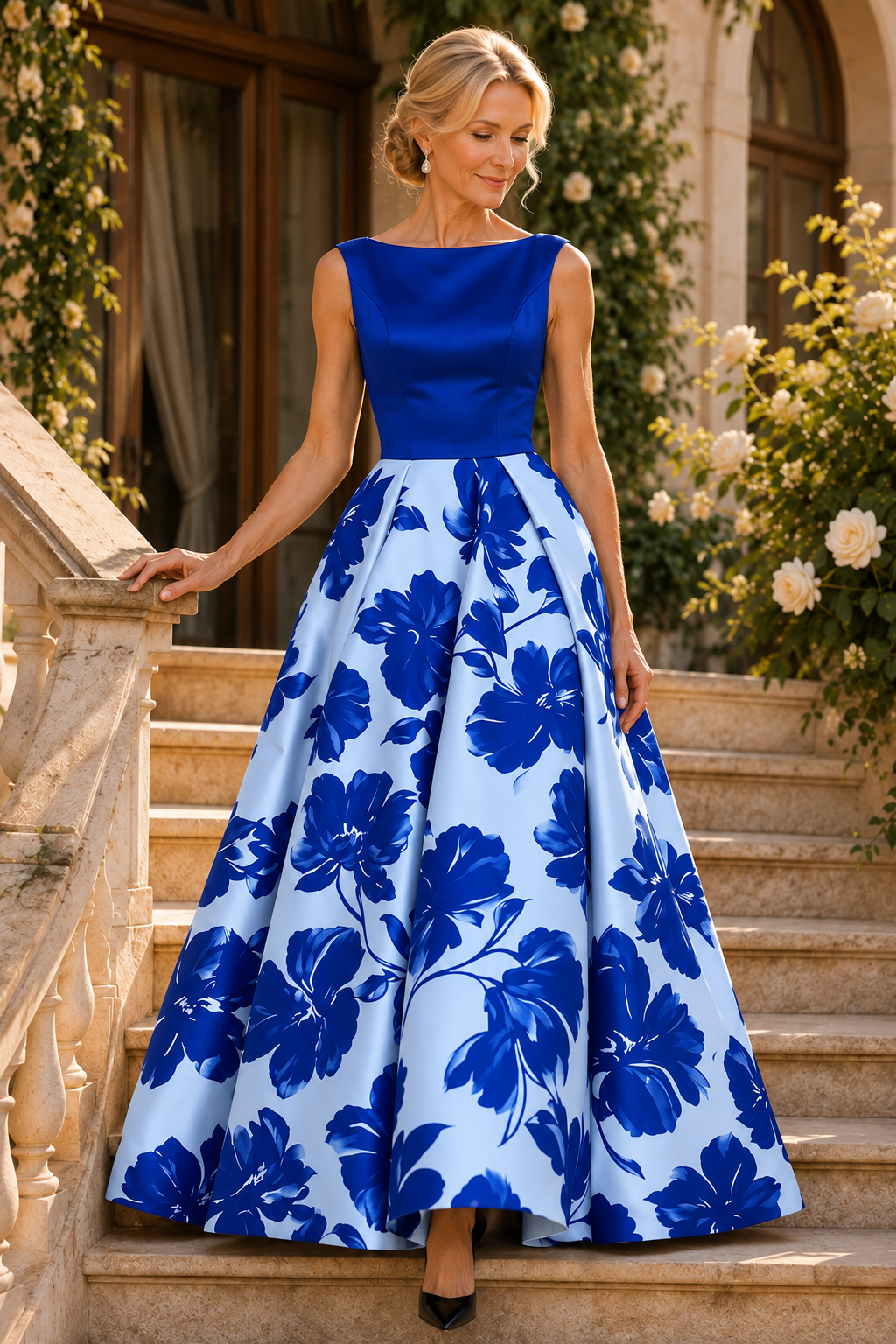 Bateau Sleeveless Floral Print Ball Gown