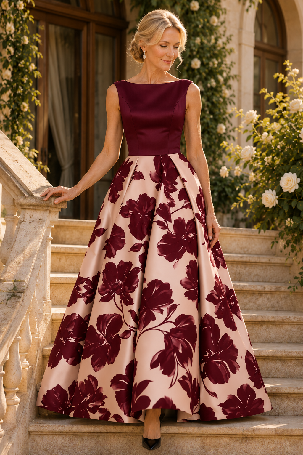 Bateau Sleeveless Floral Print Ball Gown
