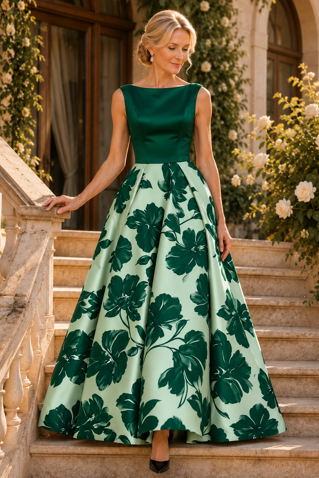Bateau Sleeveless Floral Print Ball Gown