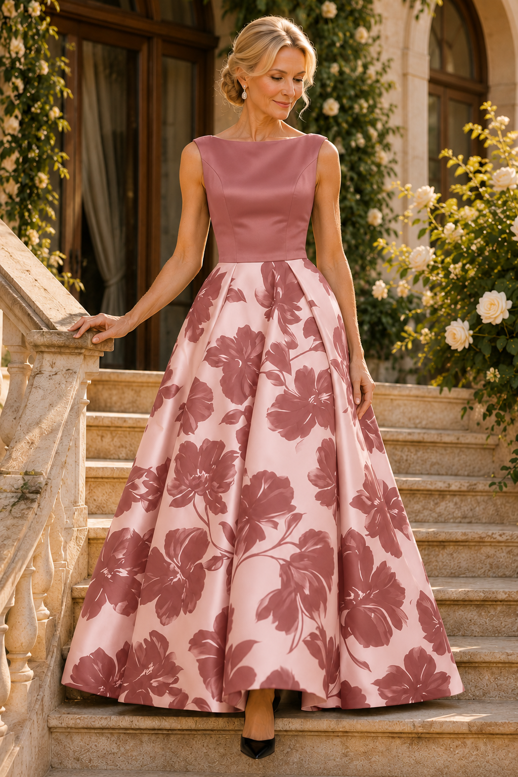 Bateau Sleeveless Floral Print Ball Gown
