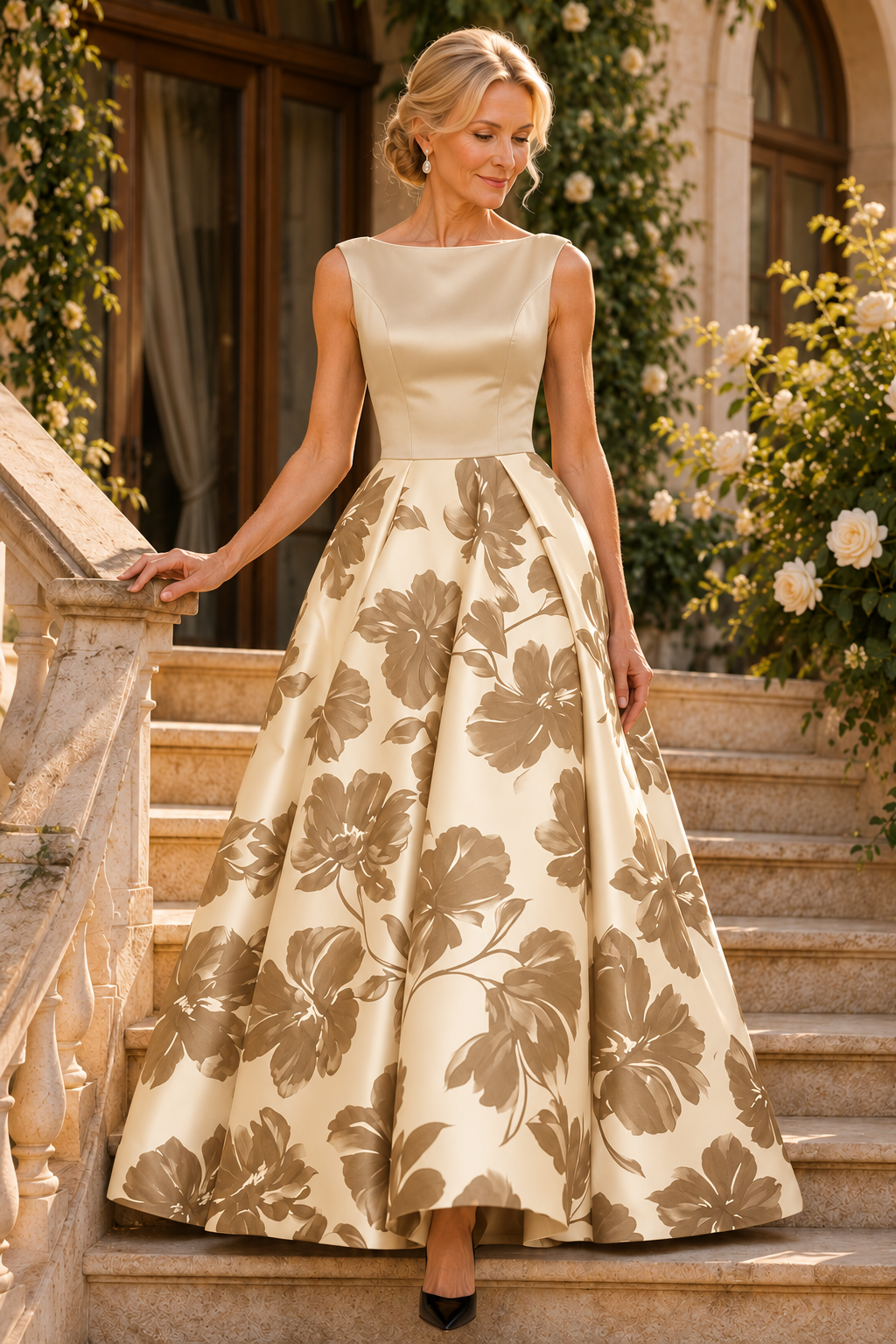 Bateau Sleeveless Floral Print Ball Gown