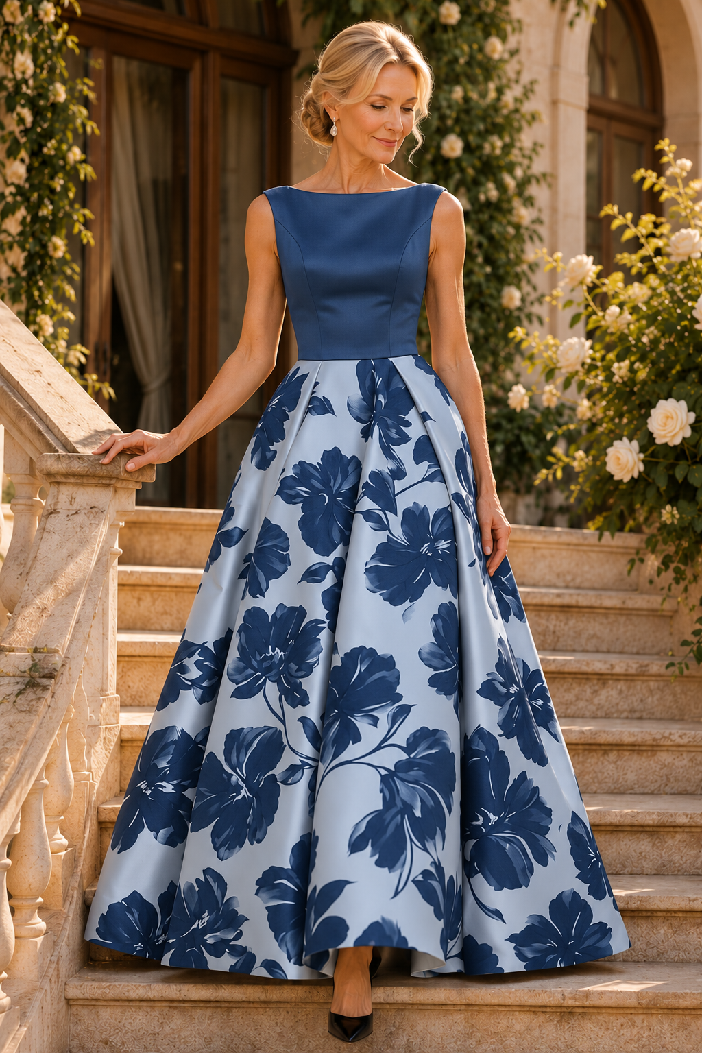 Bateau Sleeveless Floral Print Ball Gown