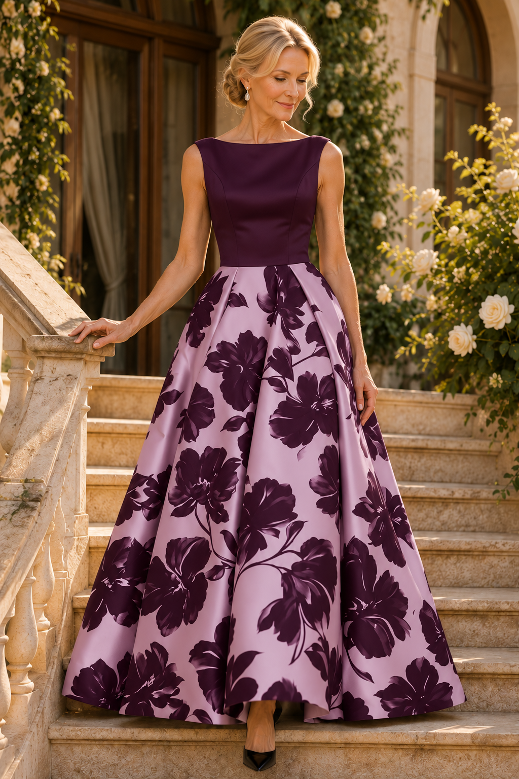 Bateau Sleeveless Floral Print Ball Gown