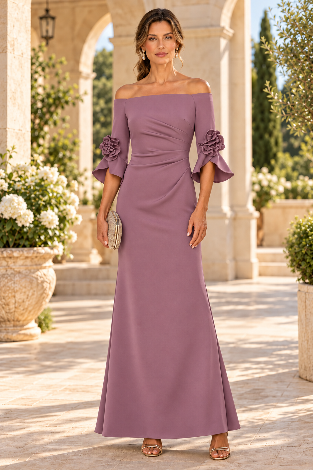 Off-the-Shoulder Gown with Fluted Floral Sleeves