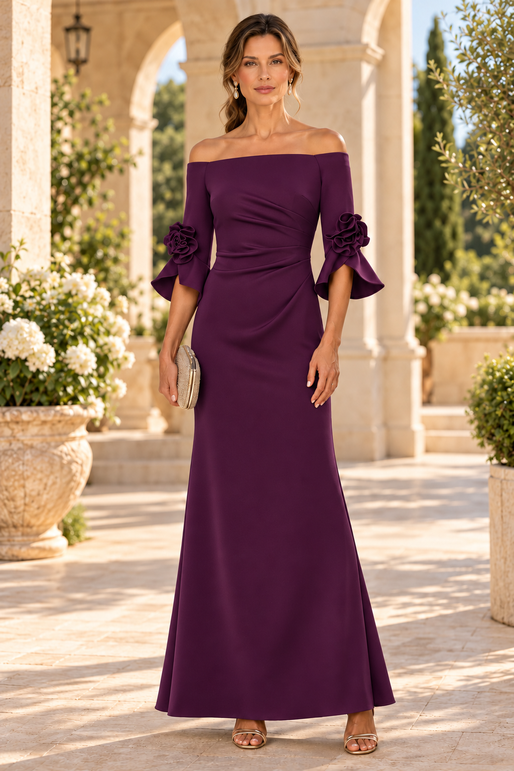 Off-the-Shoulder Gown with Fluted Floral Sleeves