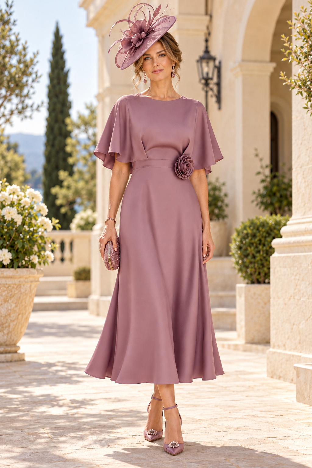 Flutter Sleeve Midi Dress with Rosette Waist