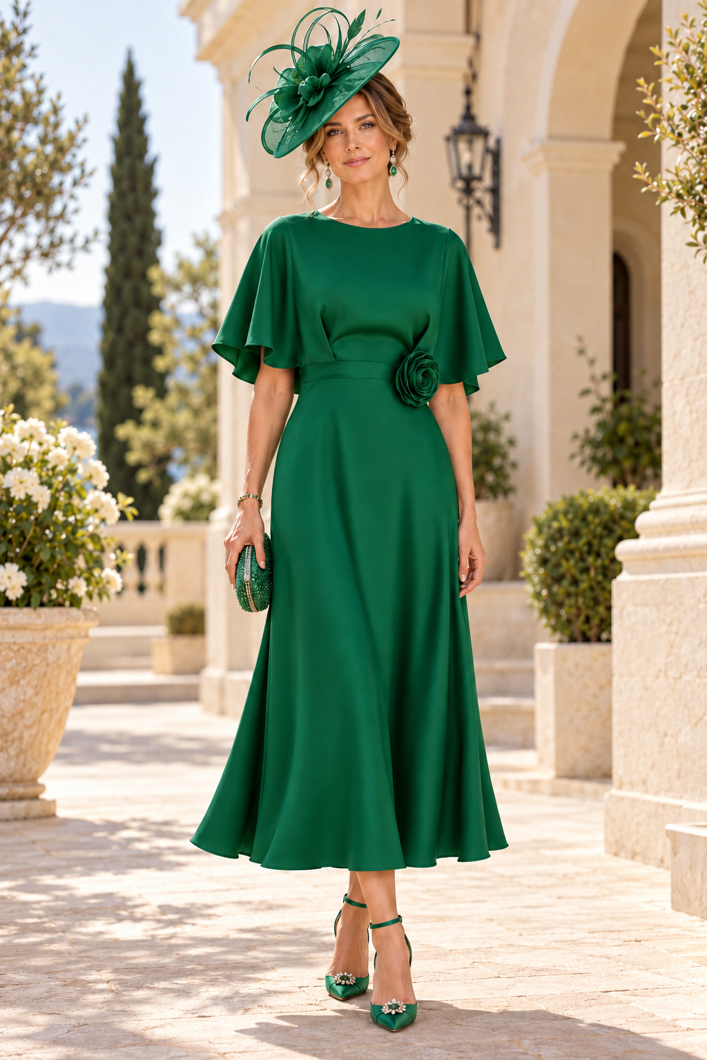 Flutter Sleeve Midi Dress with Rosette Waist