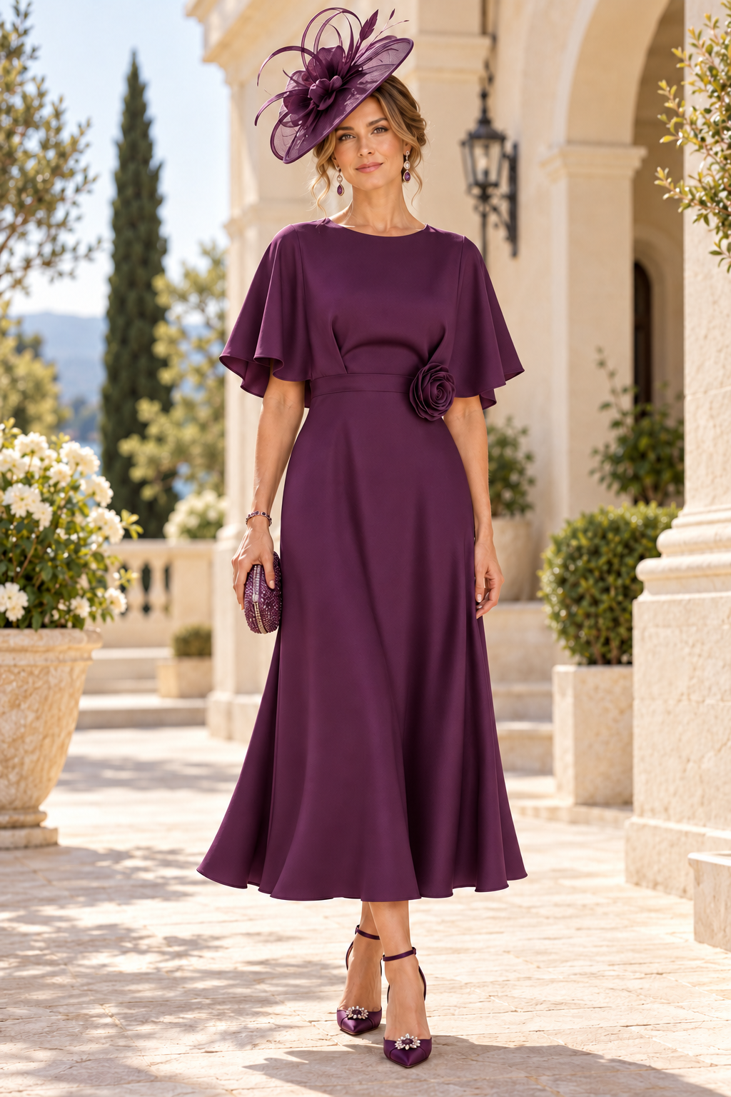 Flutter Sleeve Midi Dress with Rosette Waist