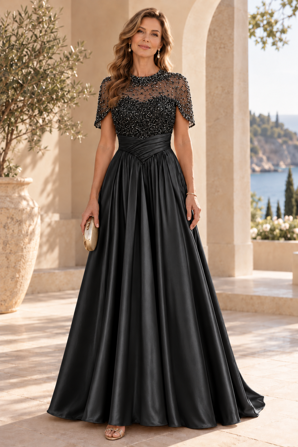 Beaded Illusion Capelet Satin A-Line Gown