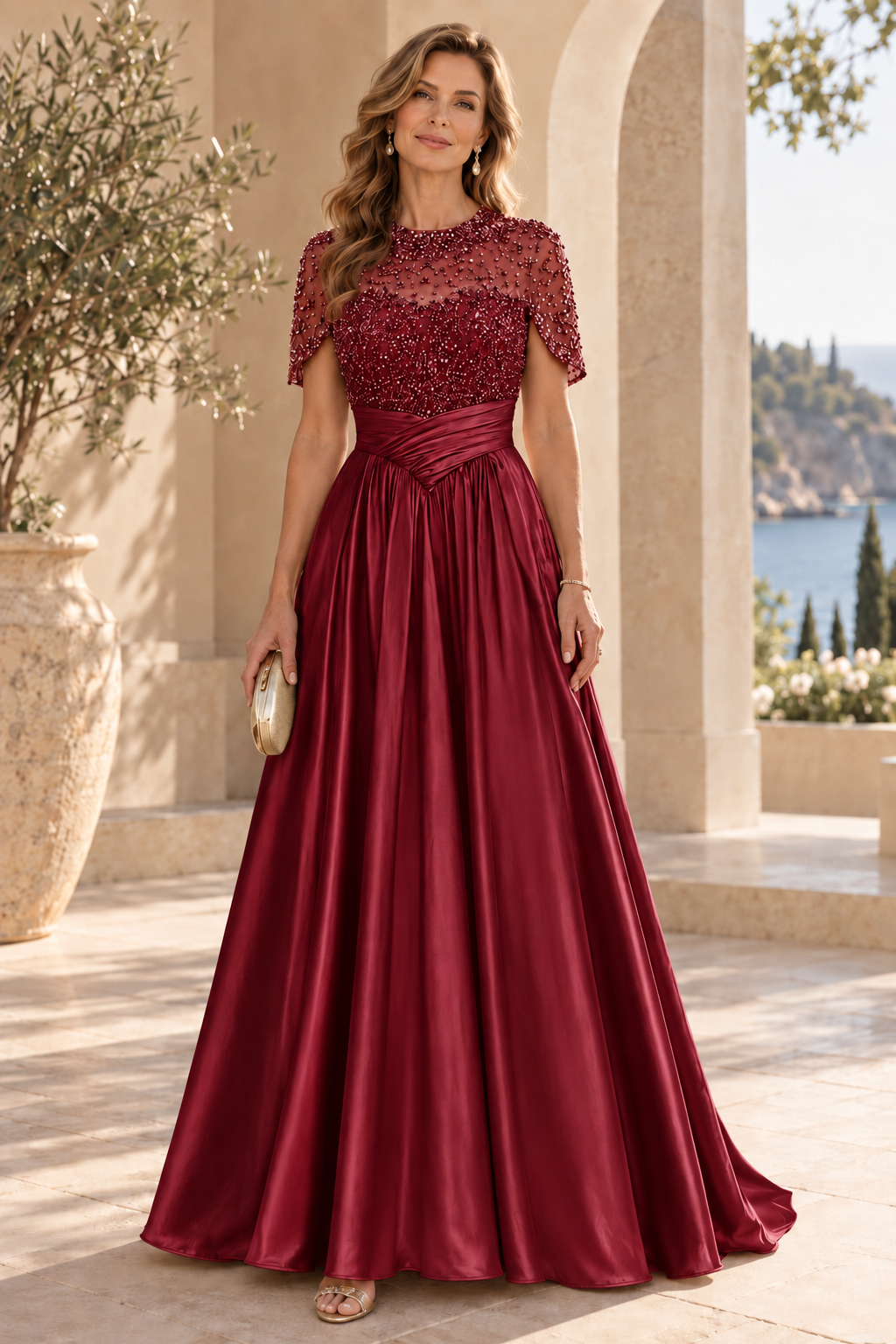 Beaded Illusion Capelet Satin A-Line Gown
