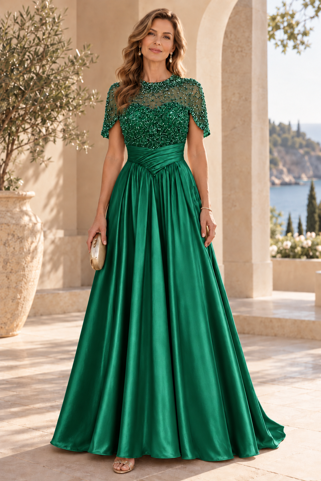 Beaded Illusion Capelet Satin A-Line Gown