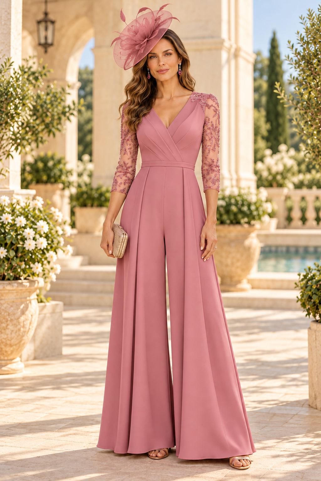 Wide-Leg Formal Jumpsuit with Beaded Sleeves