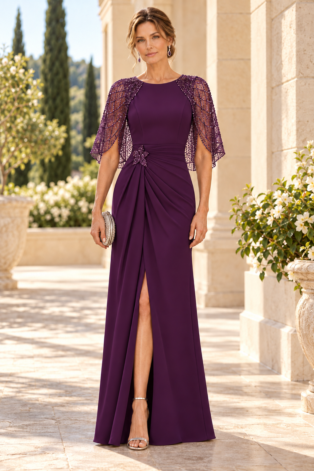 Beaded Flutter Sleeve Gown with Side Slit