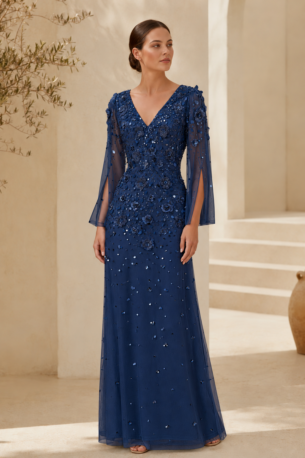 Floral Beaded Long Sleeve Evening Gown