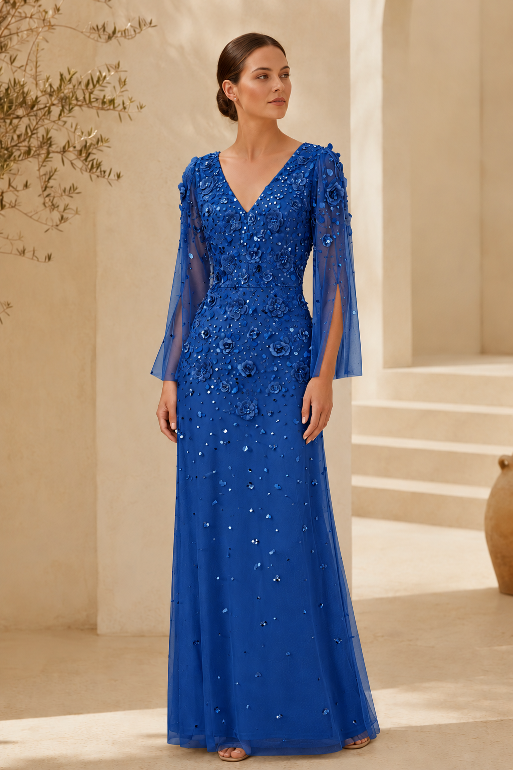 Floral Beaded Long Sleeve Evening Gown