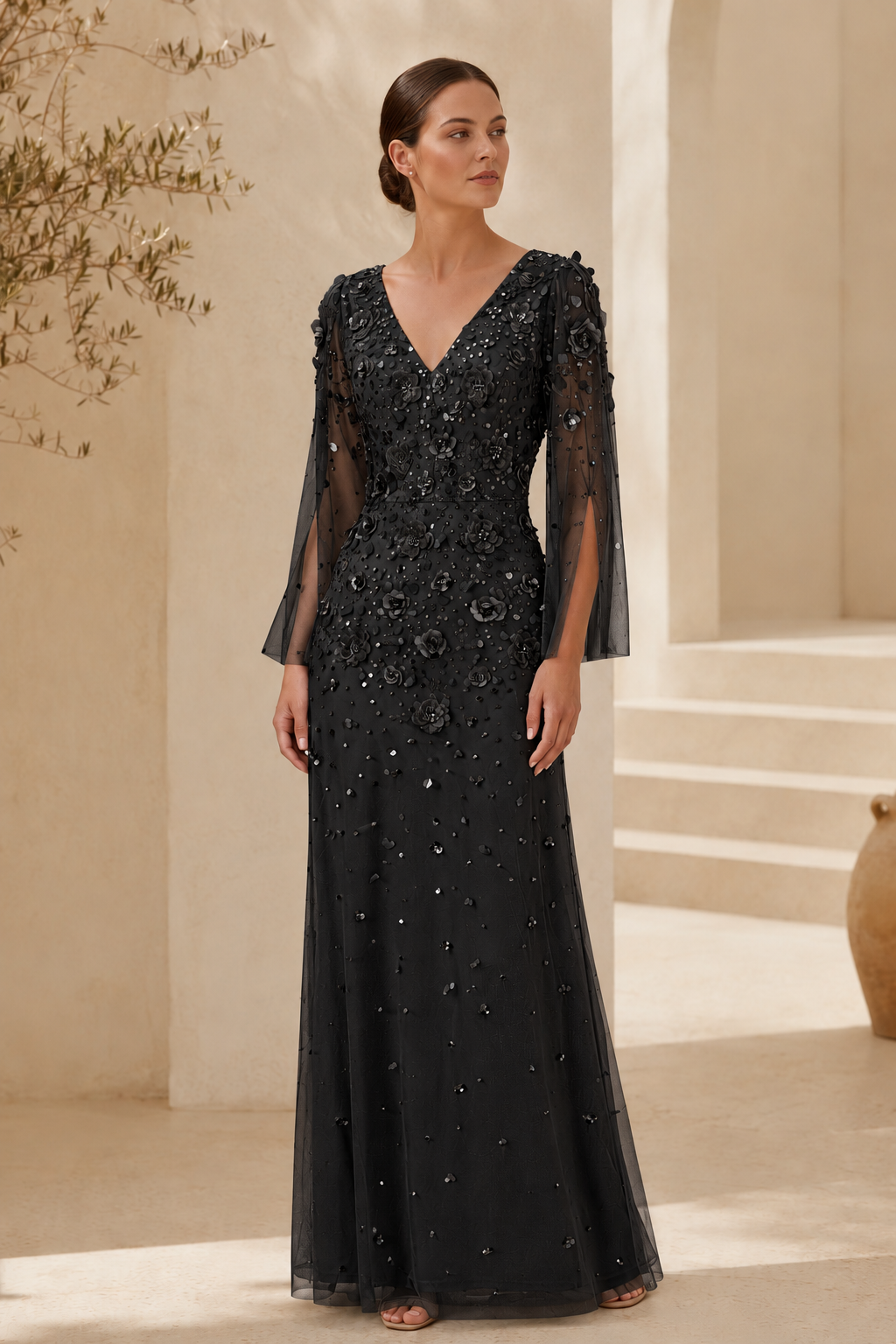 Floral Beaded Long Sleeve Evening Gown